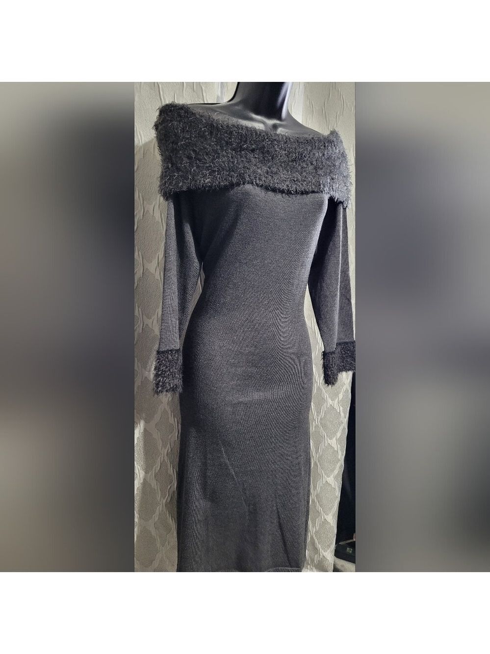 Spense | Sweater Dress | Grey Off-The-Shoulder Fuzzy Trim Knit Dress | Size XL
